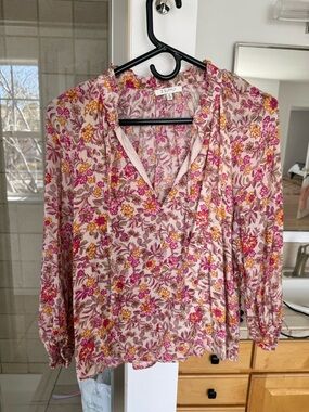 Z Supply Pink Floral Tie-Neck Peasant Blouse